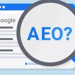imagen de AEO con lupa y página de resultados de google